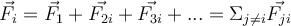  \vec{F_i}=\vec{F_1}+\vec{F_{2i}}+\vec{F_{3i}}+...= \Sigma _{j \neq i} \vec{F_{ji}} 