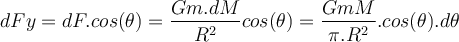  dFy=dF.cos(\theta)=\dfrac{ Gm.dM}{R^2}cos(\theta) = \dfrac{GmM}{ \pi.R^2 }. cos(\theta).d\theta 