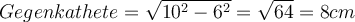 Gegenkathete = \sqrt{10^2 - 6^2} = \sqrt{64} = 8 cm