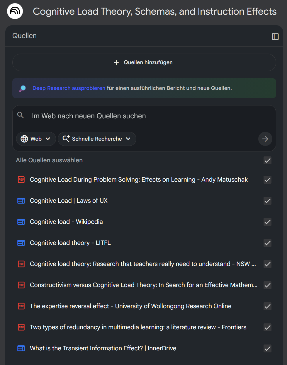 Quellen für NotebookLM