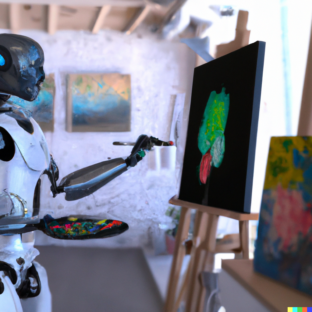 Robot as an artist, painting, created by DALL-E