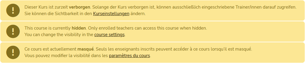 Beispielhafter Hinweis zur Kurssichtbarkeit in drei Sprachen