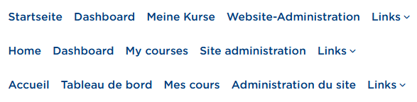 Primäre Navigation der Moodle-Oberfläche in drei Sprachen