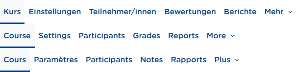 Sekundäre Navigation der Moodle-Oberfläche in drei Sprachen