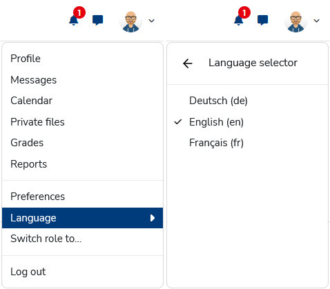 Sprache umschalten über das Benutzendenmenü