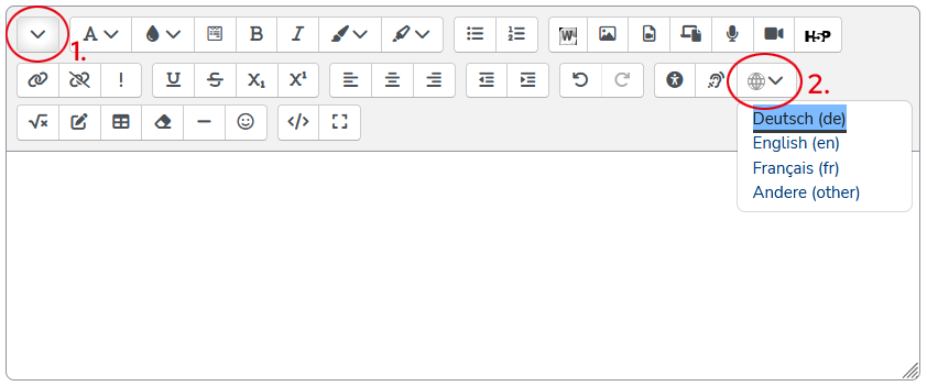 Multilang-Button (2.) in der zweiten Editorzeile des Editors "Atto". Ggf. muss diese erst eingeblendet werden (1.)