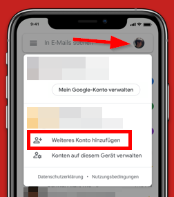 "weitere Konten hinzufügen" in gmail app
