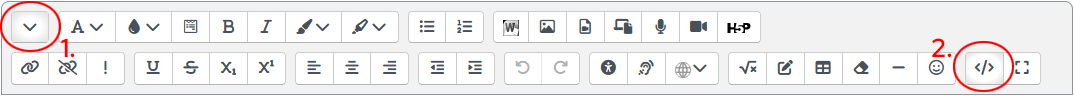 HTML-Button (2.) in der zweiten Editorzeile des Editors "Atto". Ggf. muss diese erst eingeblendet werden (1.)