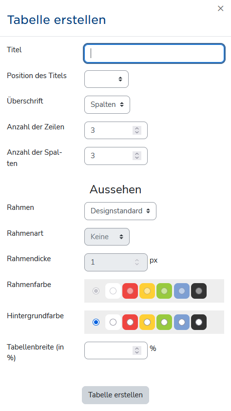 Dialog zum Einfügen von Tabellen
