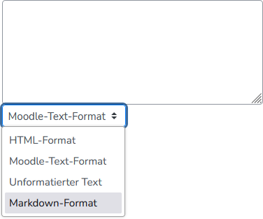 Screenshot vom Eingabefeld mit Drop-Down-Menü und ausgewählter Option "Markdown"